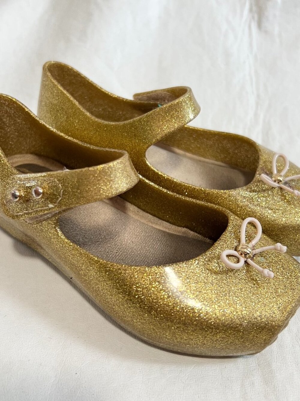 Mini Melissa jelly shoes gold glitter mary jane square toe baby size 9 flats bow